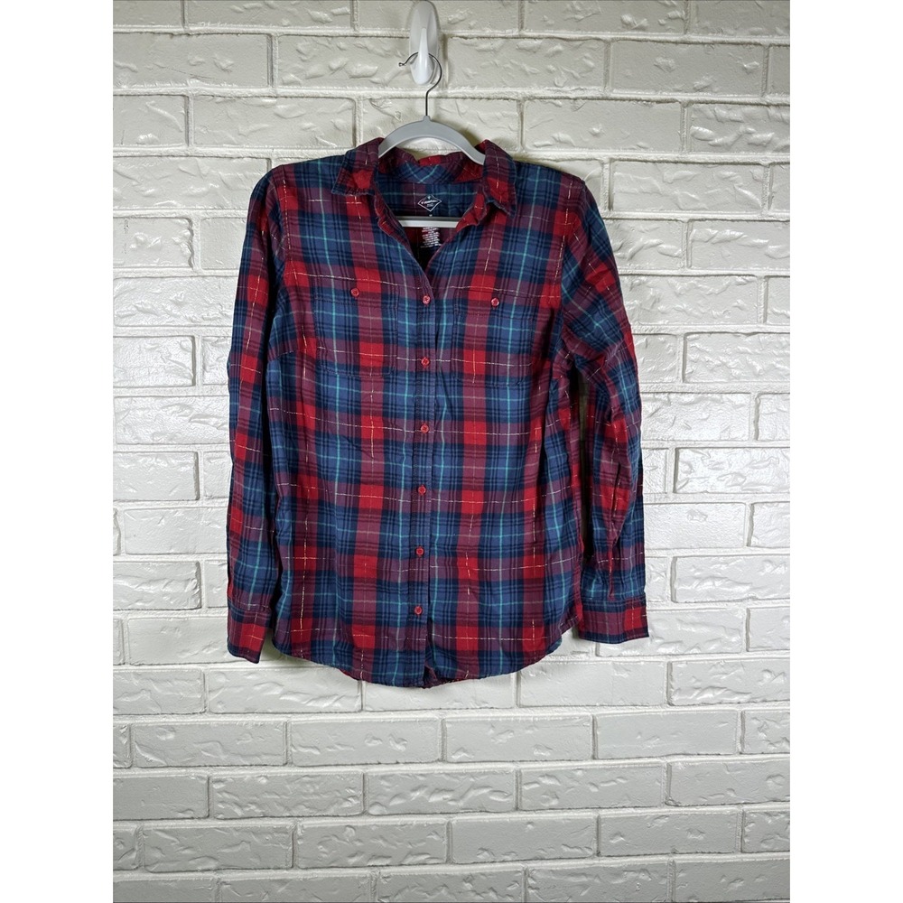 St. John's Bay Medium Plaid Button Up Flannel‎ Shirt Women's Red Blue Preppy